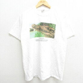 【中古】古着 半袖 ビンテージ ヴィンテージTシャツ メンズ 90年代 90s ワニ 鳥 クロコダイル メッセージ コットン クルーネック 丸首 USA製 アメリカ製 白 ホワイト Lサイズ 中古 | 春夏 夏物 夏服 ヴィンテージTシャツ メンズファッション カットソー ティーシャツ