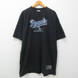 【中古】古着 マジェスティック 半袖 ビンテージ ヴィンテージTシャツ メンズ 00年代 00s MLB カンザスシティロイヤルズ 大きいサイズ 2L LL ビッグシルエット ゆったり ビッグサイズ オーバーサイズ ロング丈 コットン クルーネック 丸首 黒 ブラック メジャーリーグ