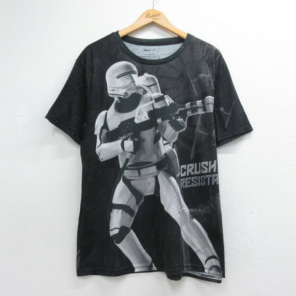【中古】古着 半袖 Tシャツ メンズ 映画 スターウォーズ ファーストオーダー フレイムトルーパー 全面プリント 大きいサイズ クルーネック ブラック 26jul15