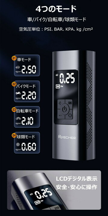 楽天市場 電動空気入れ 6000ｍah 150psi 空気圧単位 Psi Bar Kpa Kg Cm Led照明 緊急ライト Sos信号 Type C充電式 モバイルバッテリー 自動停止保護 取扱説明書 ライチャー