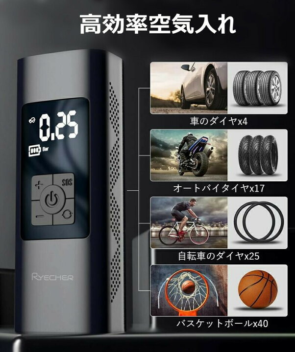 楽天市場 電動空気入れ 6000ｍah 150psi 空気圧単位 Psi Bar Kpa Kg Cm Led照明 緊急ライト Sos信号 Type C充電式 モバイルバッテリー 自動停止保護 取扱説明書 ライチャー
