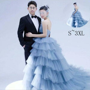 オフショルダー WeddingDress ライトブルー ウェディングドレス 花嫁ドレス レース 前撮り 後撮り Aライン フォトウェディング撮影 カラードレス 撮影用ロングトレーン 多重チュール パーティ