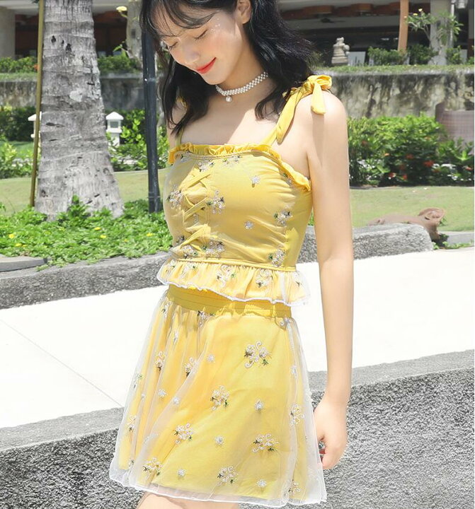 大人気 品質良い 3点セット 水着 超可愛い 水着レディース ビキニ シンプル 小胸 体型カバー スイムウエア 温泉 サロペット 水着 夏 海 ビーチ 着痩せ パッド付 セクシー ワンピ 日焼け止め UV M/L/XL/2XL ビーチウェア 吊りスカート イエロー 良品店舗 水着 3点セット 黄色 体型カバー 可愛い Lサイズ