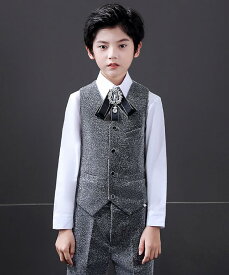 高品質 子供スーツ 4点セット ベスト＋シャツ+ズボン＋蝶ネクタイ 七五三 子供服 ドレスコート 入学式 男の子スーツ 出演 キッズ カジュアル 発表会 フォーマル 卒業式 ピアノ 結婚式 舞台 ステージ衣装 120~170cm イギリス風 撮影用 バンド衣装 司会 演奏会 防シワ加工