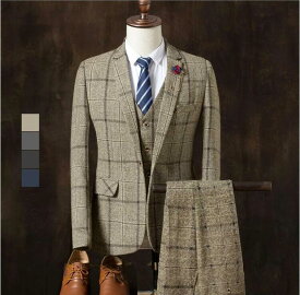 送料無料 安価 お得 4色 チェック柄 3ピーススーツ おしゃれメンズスーツ 高品質 スリーピース suit 細身 花婿 紳士用 フォマール ビジネススーツ セレモニースーツ 就職 通勤 入社 スリムスーツ 卒業式 忘年会 M～5XL 3点セット カーキ ネイビー ライトグレー ダークグレー