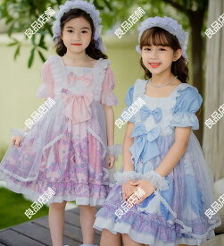 3色 子供 ロリータ ワンピース 半袖 長袖 ゴスロリ＆ロリータ ドレス 女の子 膝丈 lolita レースフリル チュール 蝶リボン 花プリント 子供服 3点セット ヘアバンド+パニエ キッズ ロリータファッション ピンク 紫 ブルー子供ドレス 女の子ドレス キッズドレス 110~160