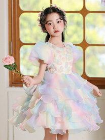 レインボー色が可愛い送料無料 【新作】ドレス 子供 発表会 ドレス 子供ドレス 子供 キッズドレス ワンピース パーティードレス 子供 キッズ 花タップリ 結婚式/発表会/入園式/七五三/花童 ベビードレス ワンピースドレス 後ろ蝶リボン べアトップ 発表会 ドレス 虹柄