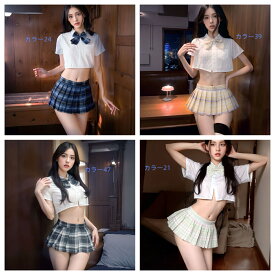 制服風コスチューム 女子高生“風 撮影・イベント用 チェック スカート プリーツスカート リボン付き セットアップ 半袖