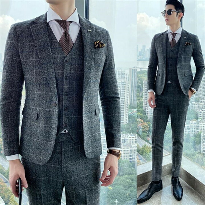 楽天市場】チェック柄 ビジネススーツスリーピーススーツ メンズ  
