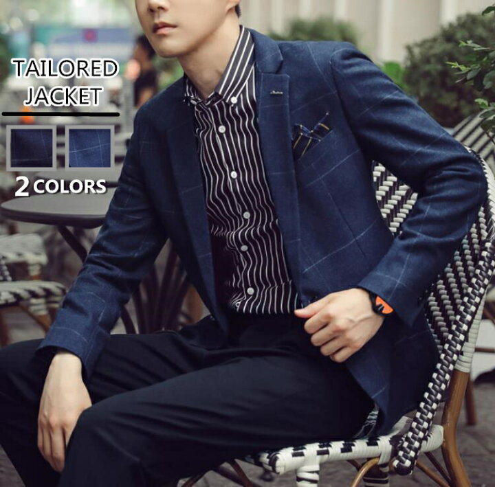 楽天市場】テーラードジャケット チェック メンズ ブレザー 紺  