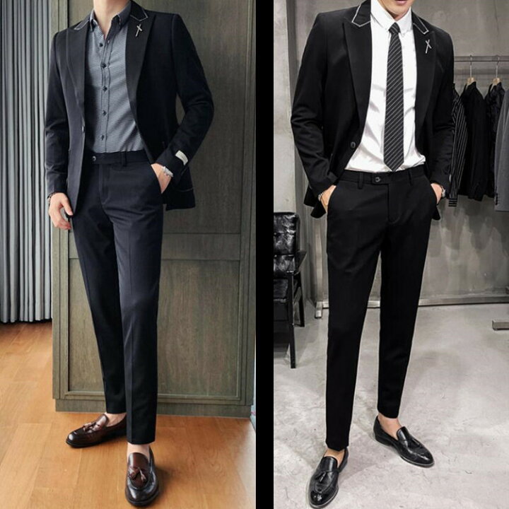 楽天市場 21ssメンズ スーツ セットアップ スリムスーツ 衿ステッチ おしゃれ カジュアル テーラード ジャケット パンツスーツ 上下セット ２点セット 春 夏 秋 ちょいワル オフィス ビジネス 結婚式 パーティー 白スーツ ブラックスーツ 送料無料 Ryoukou楽天市場店