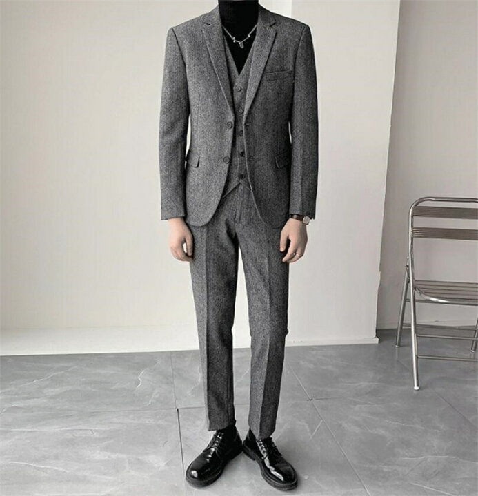 楽天市場】ヘリンボーン柄 50%ウール 2ボタン スリーピーススーツ  