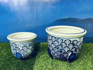 染付 陶器 【丸植木鉢二点セット】青海波 盆栽 植物 多肉 庭園 お庭 中国 人気 CHINA