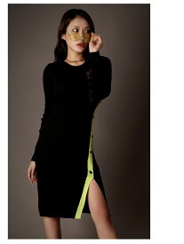 ワンピース スリット イエロー 長袖 ニット ワンピース タイト ストレッチ ダンサー スポーティー 厚手 Bbomb あす楽