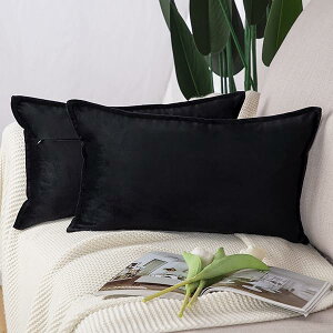 クッションカバー 2枚セット 北欧 柔らかい ビロード無地 背当て 装飾 枕カバー 座布団カバー ソファ用 寝室用 30*50 CM ブラック