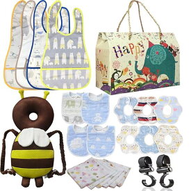 赤ちゃんグッズ 詰め合わせ 男の子用 赤ちゃんのごっつん防止やわらかリュック 頭を保護できる 食事用エプロン サイズ調整可能 離乳食エプロン 6重 綿100% よだれかけ ビブ ベビー ビブ スタイ 2層ガーゼ 赤ちゃん 綿100％ ガーゼハンカチ