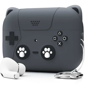 AirPods Pro2 ケース かわいい エアーポッズプロ2 ケース 猫とゲーム機のデザイン AirPods Pro 第2世代 ケースキーチェーン付き (ブラック)