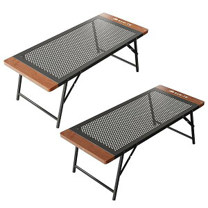 折り畳み キャンプテーブル アウトドア メッシュデザイン 木製エッジ 焚き火 コンロ置き クーラーボックススタンド対応 専用収納袋付き (ブラック 2個)