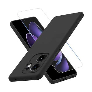 OPPO Reno13A ケース ブラック ガラスフィルム付き Reno13Aケース マット質感 薄型 柔軟なTPU素材 指紋防止 耐衝撃 軽量 携帯便利 ストラップホール付 OPPO Reno13 Aカバー 黒