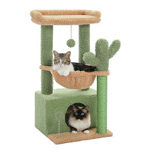 キャットタワー ミニ 猫タワー サボテン 小型 低め 据え置き 人気 コンパクト 省スペース 麻紐爪とぎ ハンモック おしゃれ インテリア シンプル かわいい おもちゃ付き - 高さ80cm グリーン AMT