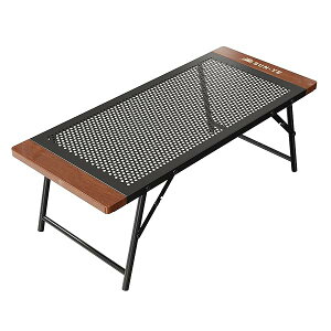 折り畳み キャンプテーブル アウトドア メッシュデザイン 木製エッジ 焚き火 コンロ置き クーラーボックススタンド対応 専用収納袋付き(ブラック 1個)