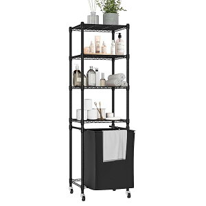 ランドリーラック 洗濯かご 収納ラック 洗濯機ラック 5段 バスケット付き 2種類の組み立て ブラック W40xD30xH129cm