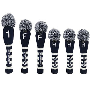 Craftsman ゴルフヘッドカバー 6点セット 番号刺繍(1FFHHH) クラブカバー ドライバー用・フェアウェイウッド用・ハイブリッド用 ニット ナンバータグ付け ブルー ホワイト