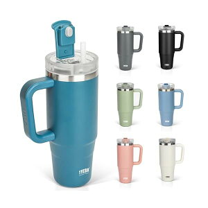 タンブラー 0.9L 水筒 保冷 ステンレスボトル ウォーターボトル ストロー 取っ手付き ジョッキ アウトドア 真空断熱 二重構造 広口 大容量 直飲 女の子 男の子 900ml ネイビー