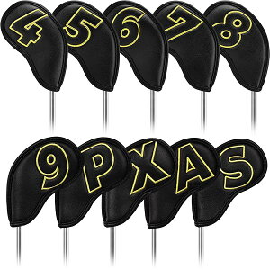 ゴルフアイアンカバー マグネット ウェッジカバー クラブヘッドカバー セット 10pcs(4-9,P,A,S,X) 両面金色番号 黒い合成皮革
