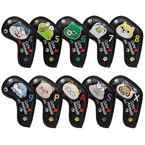 ゴルフアイアンカバー 10枚セット,キュートアニマル ゴルフアイアン用ヘッドカバー ロングネックタイプ用 PUレザー製ー 防水可 マジックテープ開閉 (カラフル動物-黒)