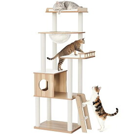 キャットタワー 据え置き型 木製 157cm 5段猫タワー 多頭飼い 大型猫対応 短足猫 老猫 太り気