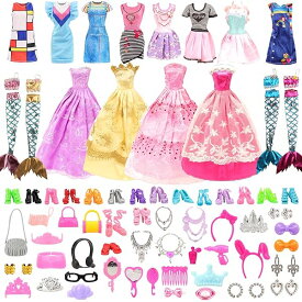 30cmドール用服 人形用 服 62セット＝ランダム4枚ワンピース+4枚ドレス+4枚人魚ドレス+10靴+40個