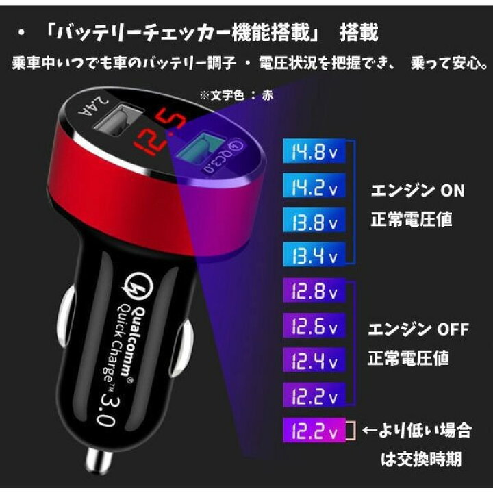 楽天市場 ネコポス限定 Qc3 0 シガーソケット仕様2usb車用急速充電 バッテリー電圧チェッカー Yzc002 琉球村