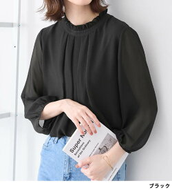 フリル衿シフォンタックブラウス レディース トップス ブラウス 秋 ブラック/オフホワイト/トープ/スモーキーブルー/イエロー/モーブグレー M-5L