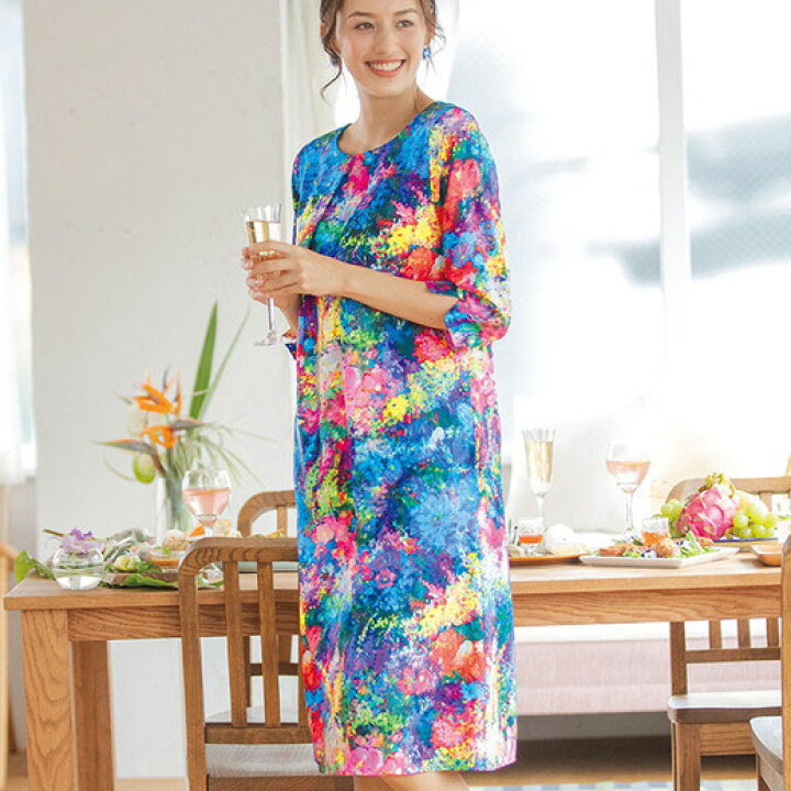 楽天市場 Sale セール ワンピース M L Ll 3l 絵画風 カイガフウ 花柄サックワンピース M 3l リュリュ Ryuryu 40代ファッション ラナン プチプラ 大人 長袖 アウトレット 在庫処分 Ryuryu リュリュ