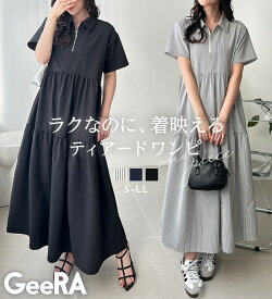 【期間限定:3,590円 13日 13:59迄】 ワンピース ワンピース レディース 半袖 体型カバー 夏 サッカーティアードハーフジップワンピース S-LL