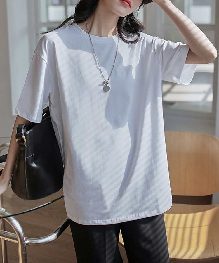 半袖 ミニマリスト スリムフィット トップス シンプル 純綿 Uネック Tシャツ 大きいサイズあり XL ブラック シャツ、ブラウス 