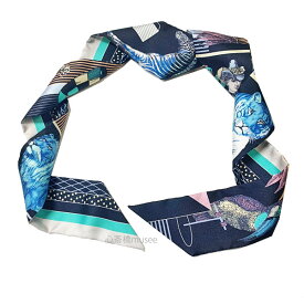 ≪Brand new≫ HERMES Twilly " Grand Theatre Nouveau " noir / Blue / Vert Silk Scarf Box Ribbon Wrapping ≪ 新品 ≫ エルメス ツイリー グラン・テアトル・ヌーヴォー ノワール・ブルー・ ヴェール ライオン トラ 黒 ブラック シルク スカーフ 箱 リボン ラッピング