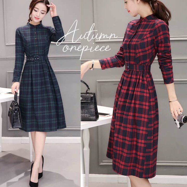 楽天市場 ワンピース 秋ワンピース 秋ワンピ ワンピコーデ ワンピ ロング丈 ミモレ丈 チェック グリーン レッド フレア レディース ロングワンピ 大きいサイズ S M L Xl Xxl 2xl S N Style