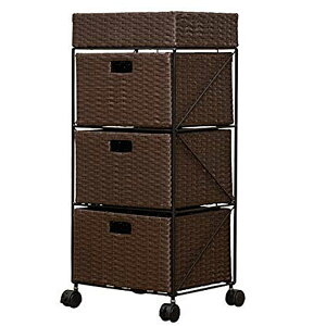 《3段のカゴは取り出して使え、キャスター付きで移動らくらく》サカベ ラタン調チェスト35cm幅×3段TME-08BR