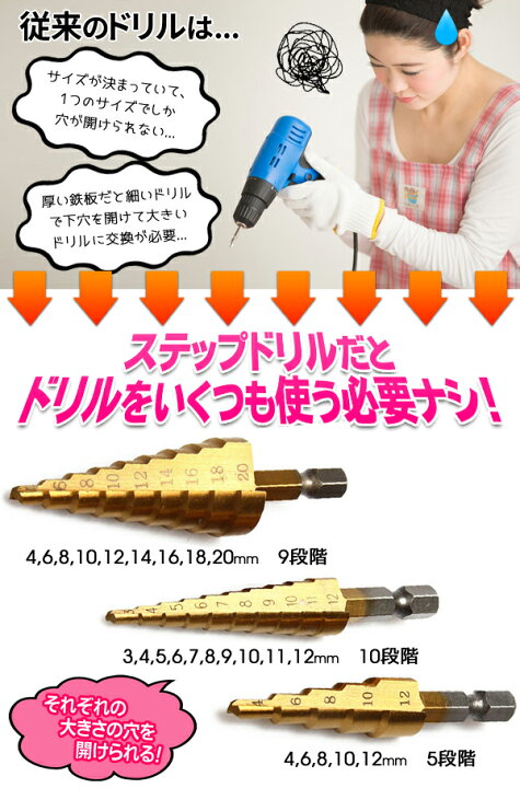 楽天市場】送料無料 ( メール便 ) ステップドリル 3本セット 専用ケース付 面取り/穴の拡大/バリ取り ステンレス製【 タケノコドリル ストレートタイプ インパクトドライバー ビット DIY 工具 便利 】 送料込 ◇ ステップドリル : セールプラザ 楽天市場】送料無料 ( メール便 ) ステップドリル 3本セット 専用ケース付 面取り/穴の拡大/バリ取り ステンレス製【 タケノコドリル ストレートタイプ インパクトドライバー ビット DIY 工具 便利 】 送料込 ◇ ステップドリル : セールプラザ