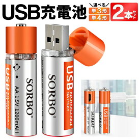 【本日ポイント5倍!】送料無料 !(規格内) USB充電池 2本セット 選べる単3／単4 USB端子付き充電池 充電器・アダプタ不要【 充電式 乾電池 単3電池 単4電池 単三形電 単四形 エコ 経済的 コンパクト 日用品 便利グッズ 】 送料込 50K◇ SORBO