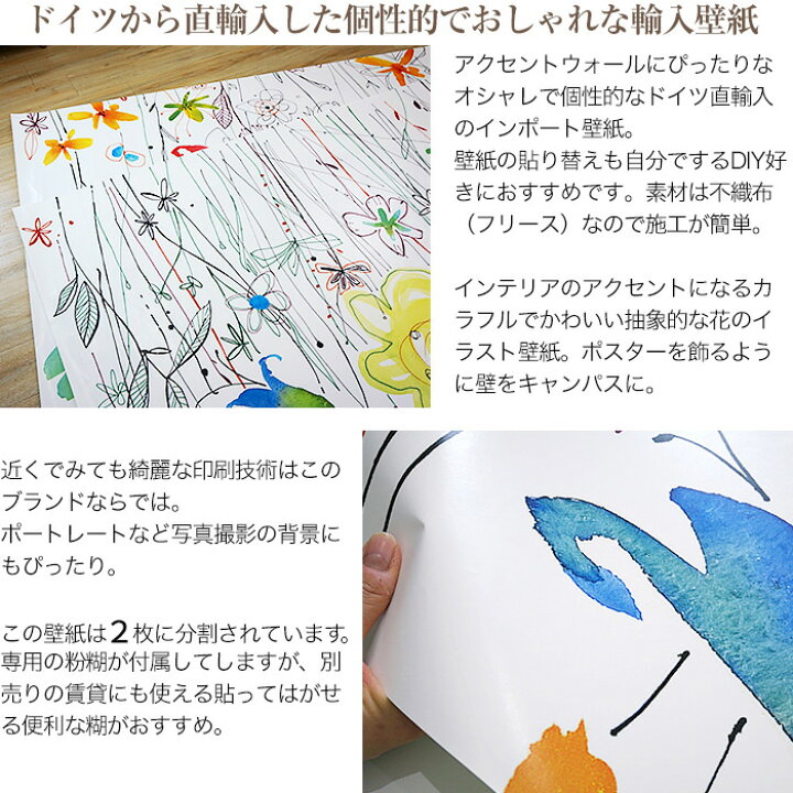 楽天市場】壁紙 手書き 花柄 カラフル 輸入壁紙 デザイン おしゃれ 