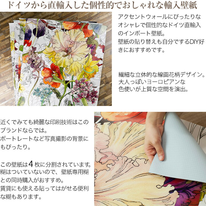 楽天市場 スーパーセール限定 Off 壁紙 花柄 カラフル 輸入壁紙 デザイン おしゃれ 紙 線画 ヨーロピアン クロス Diy リフォーム 撮影 背景 ドイツ製 4 1 Flora フローラ Csz Diy