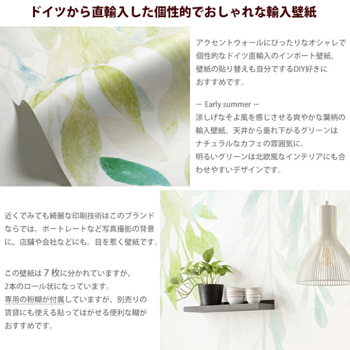 楽天市場 本日全品ポイント5倍 壁紙 クロス のり付 葉柄 リーフ ナチュラル おしゃれ 不織布 輸入壁紙 グリーン 北欧 ドイツ製 X7 1096 Summer Leaves 初夏 Csz Diy