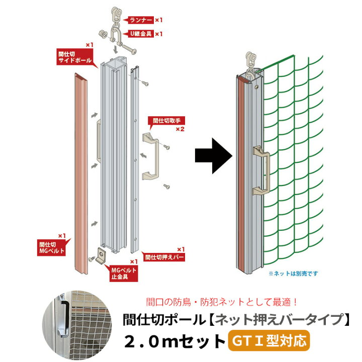 楽天市場 間仕切ポール ネット押えバータイプ Gti型レール用 片開きセット 高さ2ｍ Jq Diy