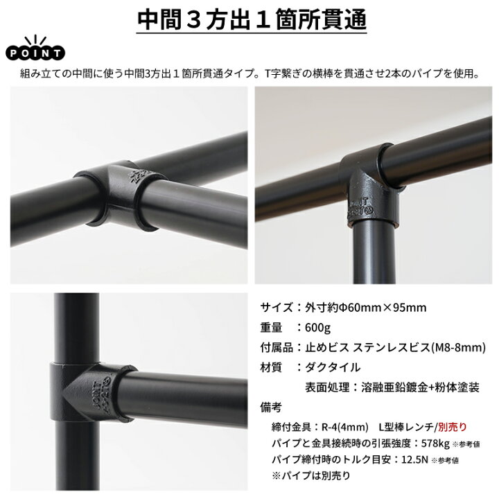楽天市場】単管パイプ ジョイント ブラック 中間3方出1箇所貫通 Φ48 