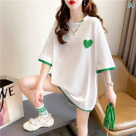 かわいい レディース ロンT 夏の フェイク ツーピース 半袖 Tシャツ 綿の ゆったり 刺繍の トップス センス ミディアムと ロング スタイル イン 大きいサイズ 婦人服