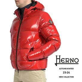 【スーパーSALE】 ヘルノ HERNO 23-24AW ダウンジャケット フーディーブルゾン ボンバージャケット 秋冬 メンズ アウター GLOSS HOODED BOMBER レッド グロッシーペイント加工 イタリア ブランド