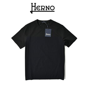 【P10倍】 ヘルノ HERNO Tシャツ 半袖 クルーネック スーパーストレッチ 春夏 メンズ SPORT HEAVY JERSEY & COTTON STRETCH コットン×ナイロン 異素材切り替えし シームレス ブラック イタリア ブランド